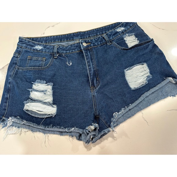 SHEIN Pants - Distressed Denim Shorts 3XL Blue Medium Wash Plus‎ Raw Hem